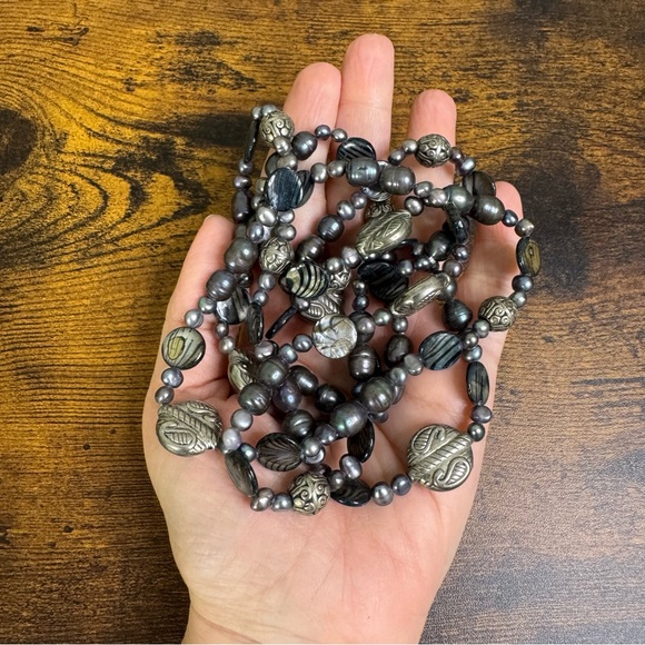 Genuine Black Freshwater Pearl and Silver Tone Bead Necklace 47 Inch - Picture 4 of 8